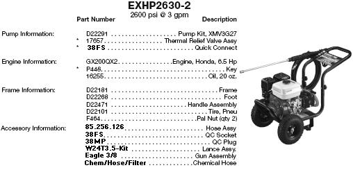 Excell EXHP2630-2 pressure washer parts