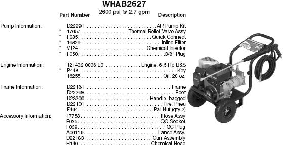 WATER DRIVER WHAB2627 PRESSURE WASHER REPLACEMENT PARTS